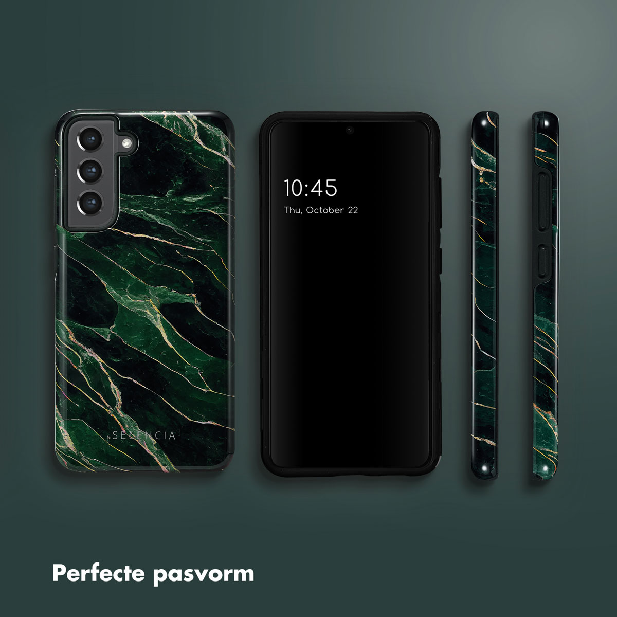 Custodia per telefono con un design in marmo verde. Un telefono nero mostra l'ora "10:45".