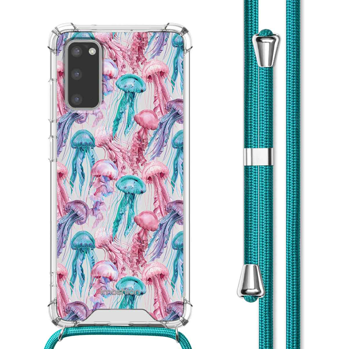 Telefoonhoesje met blauwe, roze en paarse kwallen, telefoon links, blauwgroen koord rechts.