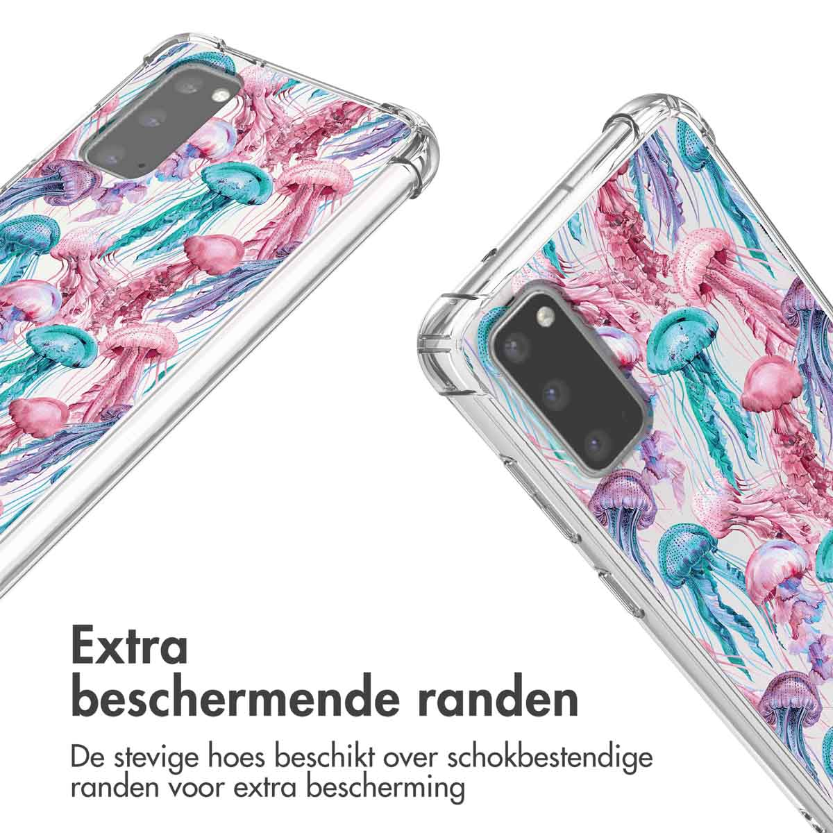 Transparante telefoonhoes met roze, blauw kwallenpatroon. Tekst: Extra beschermende randen. Close-up van twee hoesjes.