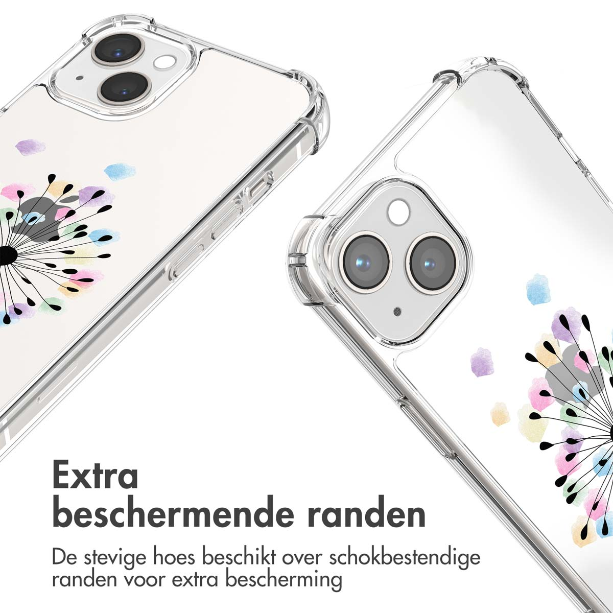 Twee transparante telefoonhoesjes met paardenbloemontwerp. Witte achtergrond.