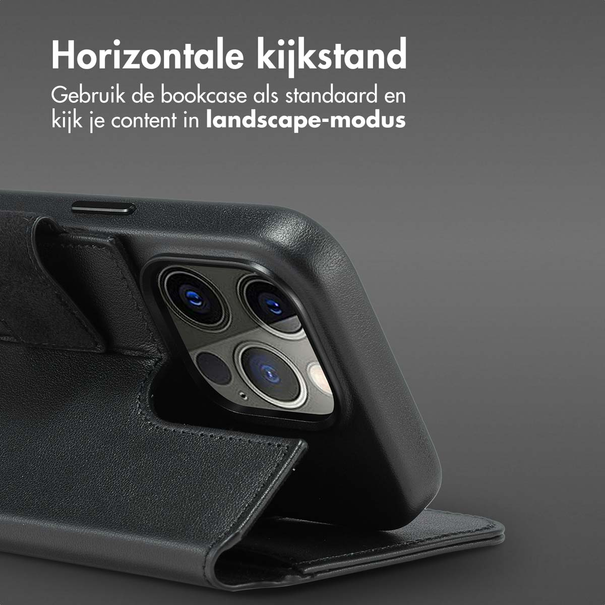 Étui de téléphone noir en mode paysage. Texte : Support horizontal.