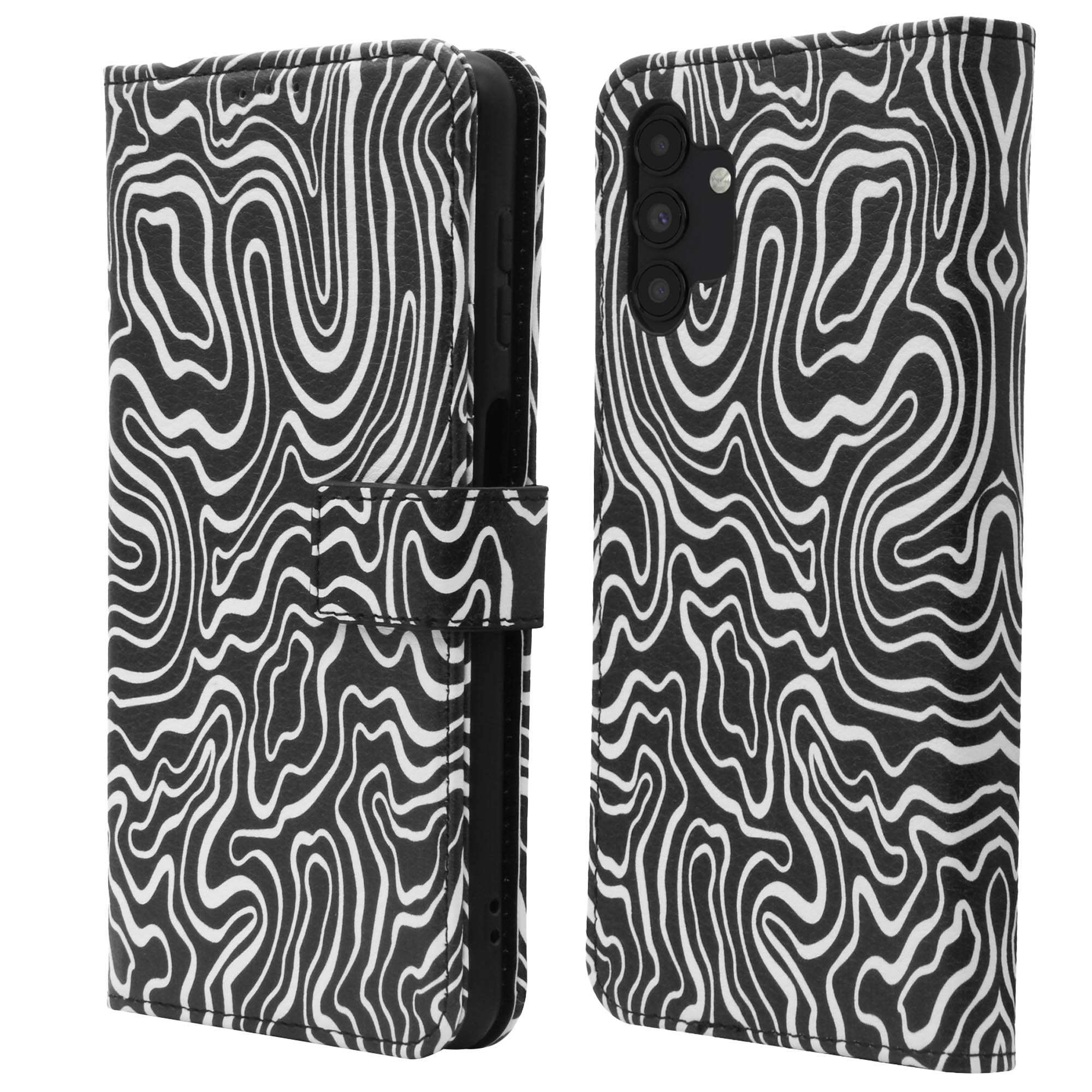 Une coque de téléphone tourbillonnante noire et blanche, ouverte pour montrer le téléphone à l'intérieur.