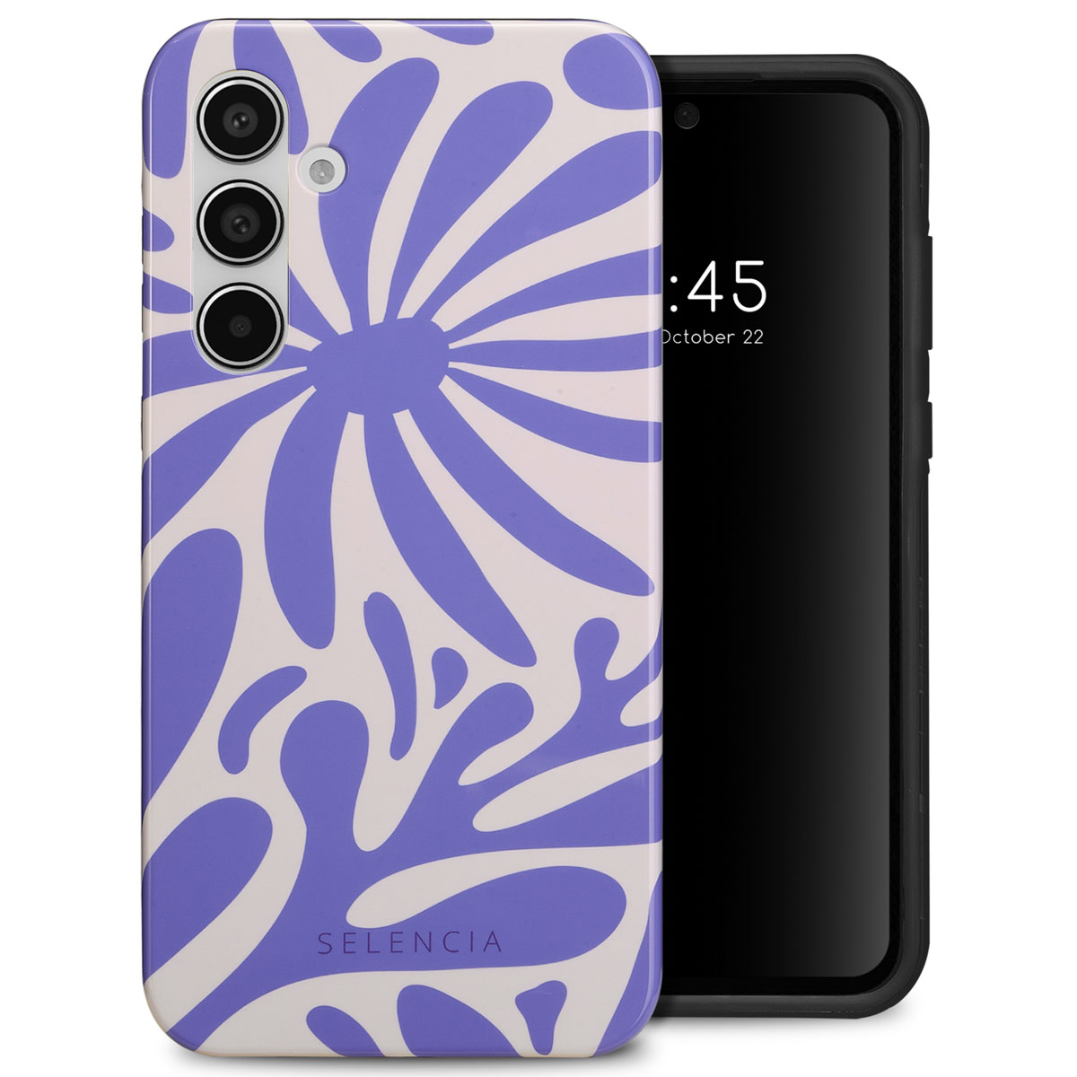 Witte telefoonhoes met een blauw en paars bloemenontwerp. Zwarte telefoon aan de rechterkant. Witte achtergrond.