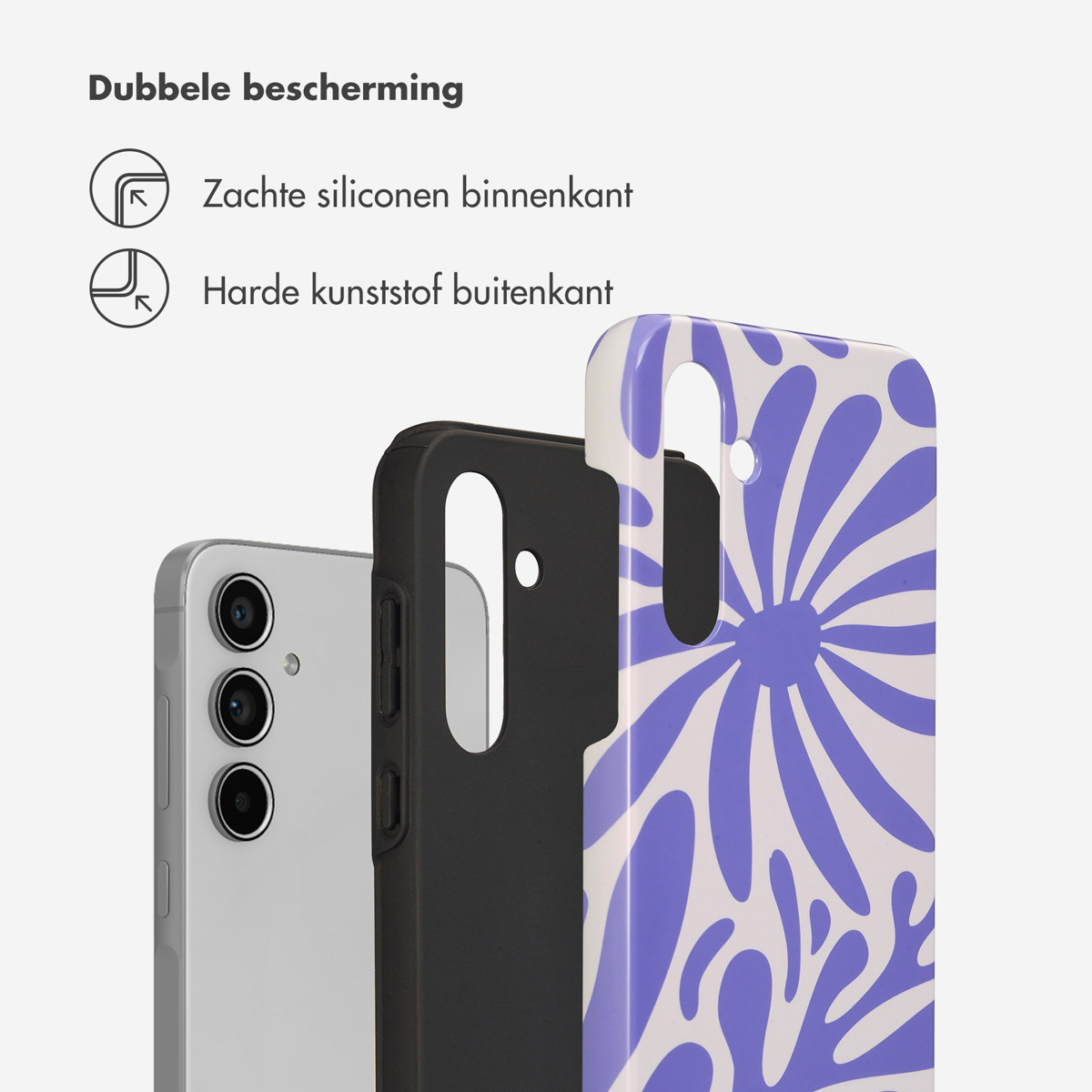 Telefoonhoesje met een wit en paars bloemenpatroon, telefoon en beschermlagen.