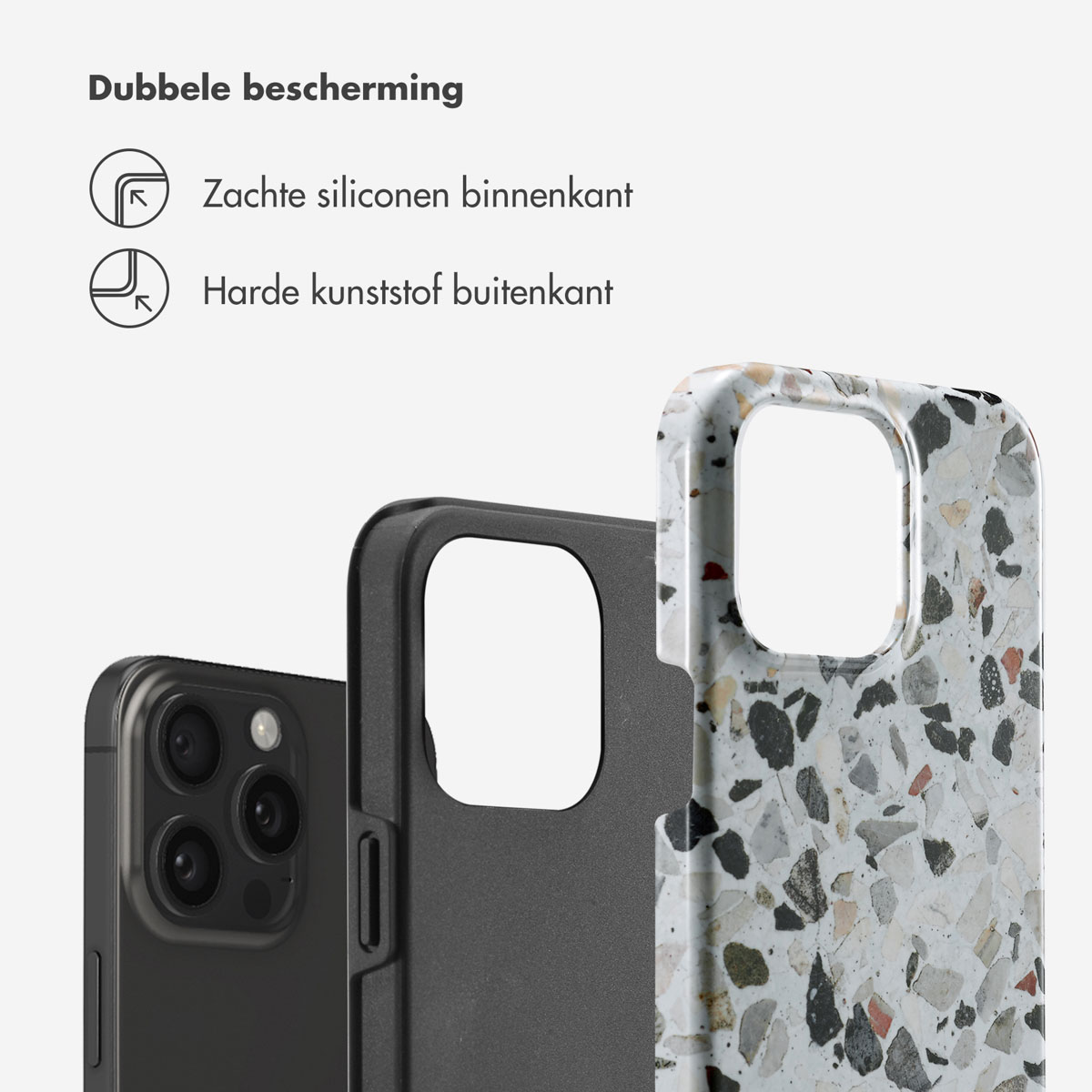 Telefoonhoesje met terrazzo design, een zwarte telefoon en tekst over dubbele bescherming.