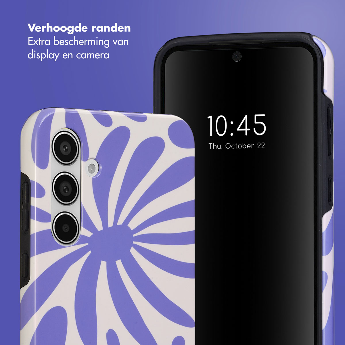 Een telefoon in een hoesje met een paars bloemenpatroon, met de tijd 10:45.