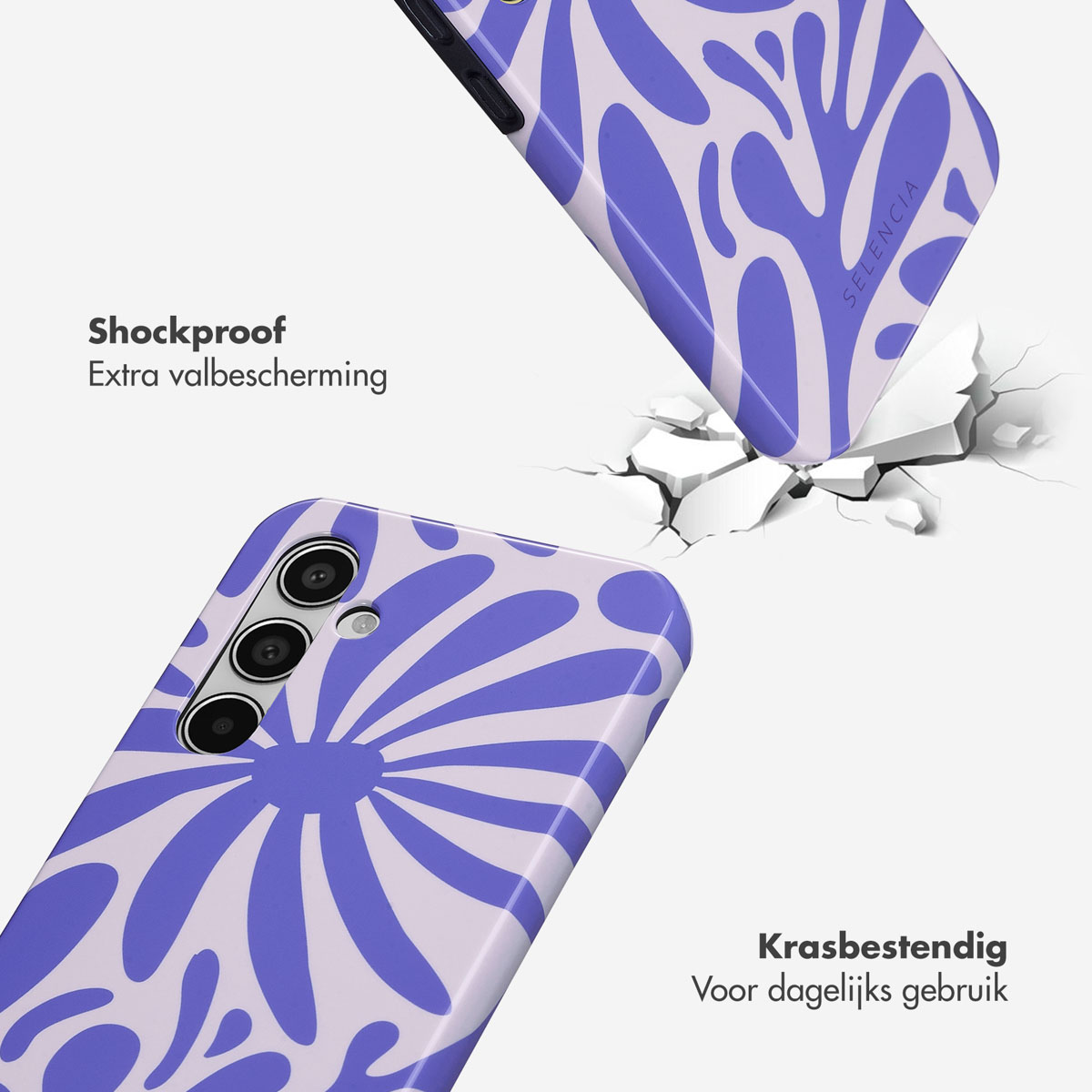 Telefoonhoesjes vallen, met blauwe patronen. Tekst zegt 'Schokbestendig'.