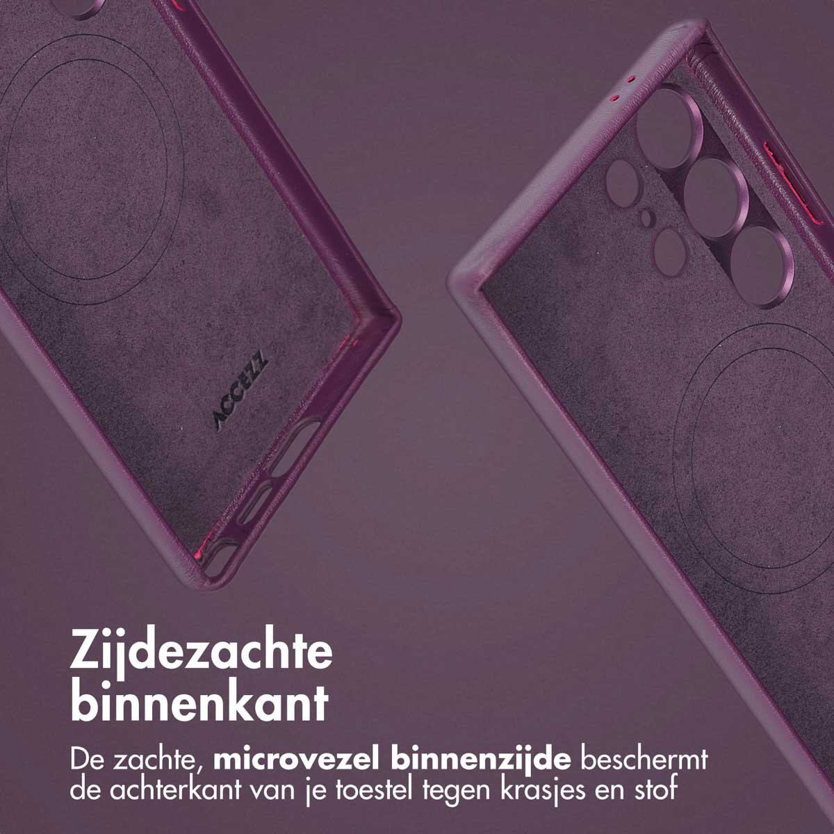 Twee donkere telefoonhoesjes. Eén is open, de binnenkant zichtbaar. De achtergrond is paars.