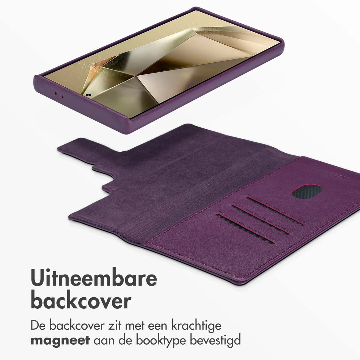 Paarse telefoonhoes met scherm, kaartsleuf en magnetische bevestiging.