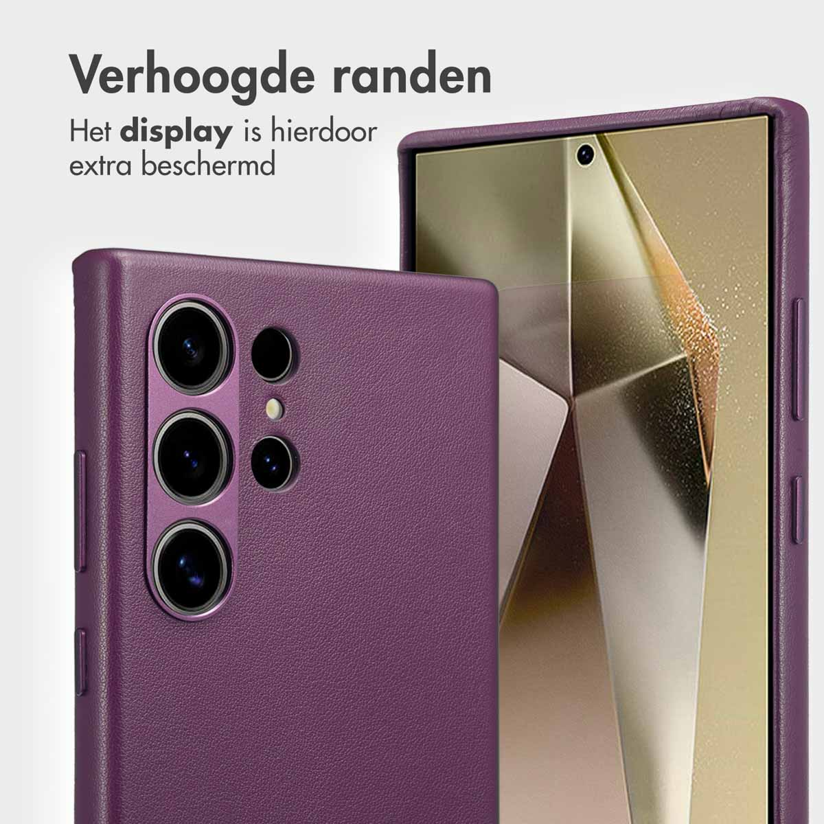 Een paars telefoonhoesje, met een telefoon die een scherm weergeeft.