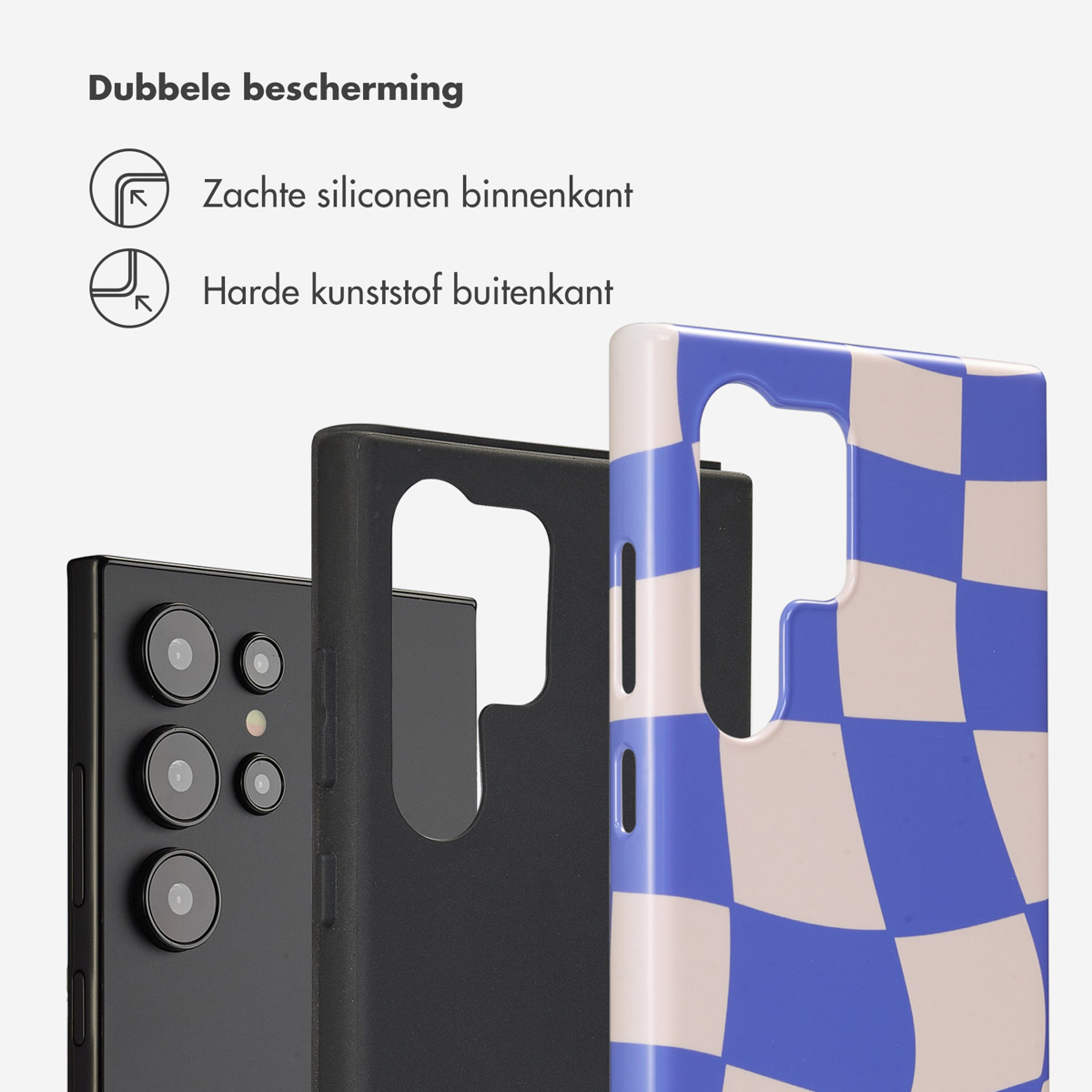 Telefoonhoescomponenten: Zachte siliconen binnenkant, hard plastic buitenkant. Ruitjesontwerp.