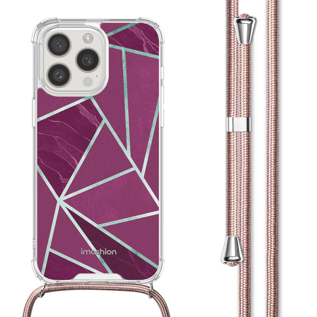Coque de téléphone avec design géométrique violet, sangle rose.