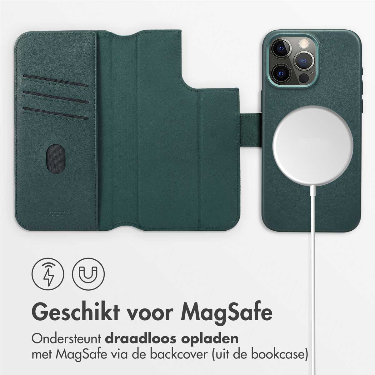 Custodia verde per telefono con MagSafe, aperta per mostrare gli slot per schede e il telefono.