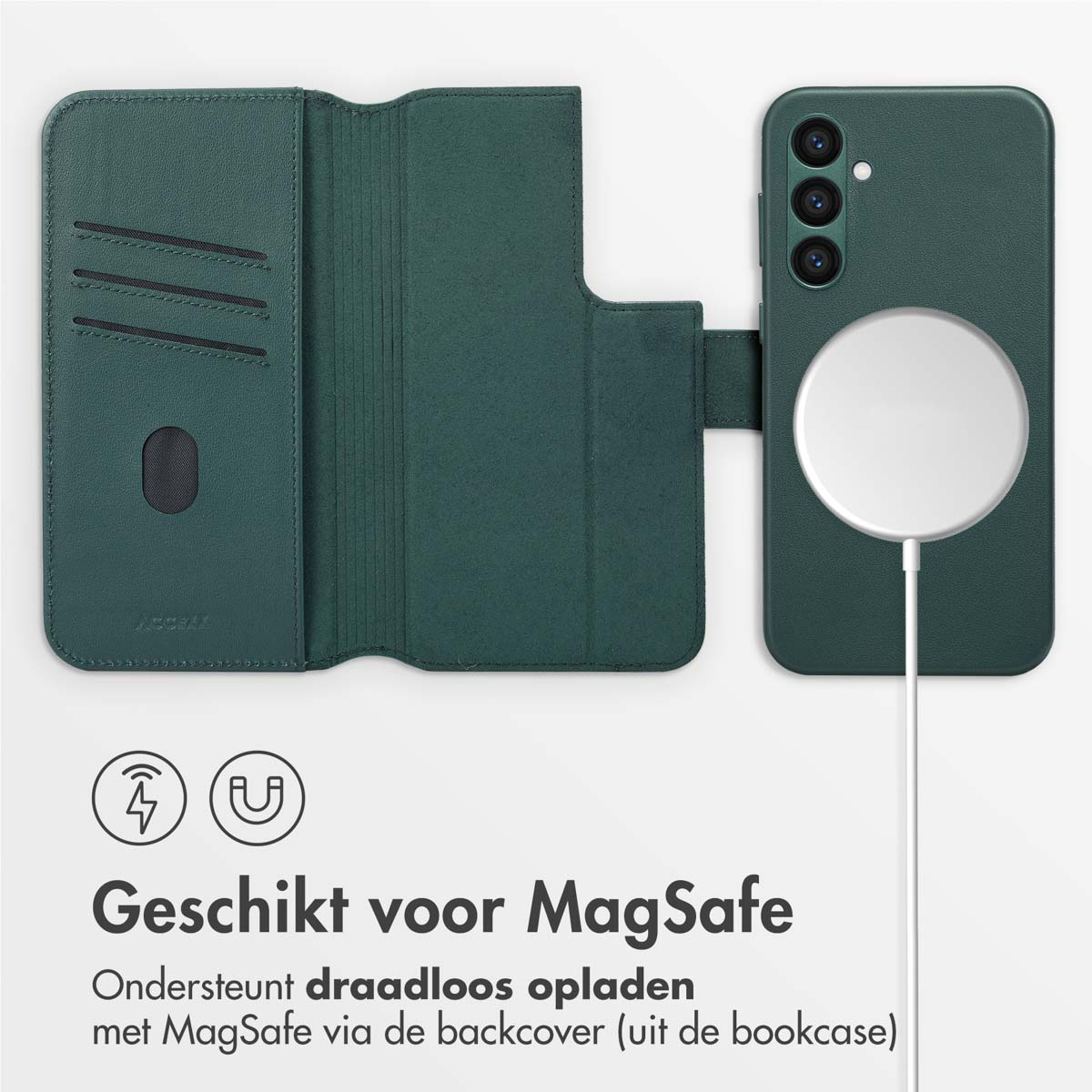 Groene telefoonhoes, open met kaartsleuven, en een telefoon. Tekst zegt 'MagSafe'.