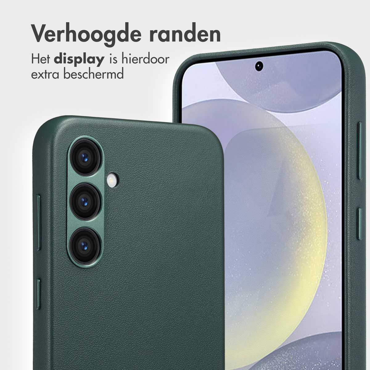 Groen lederen telefoonhoesje. Tekst: Verhoogde randen.