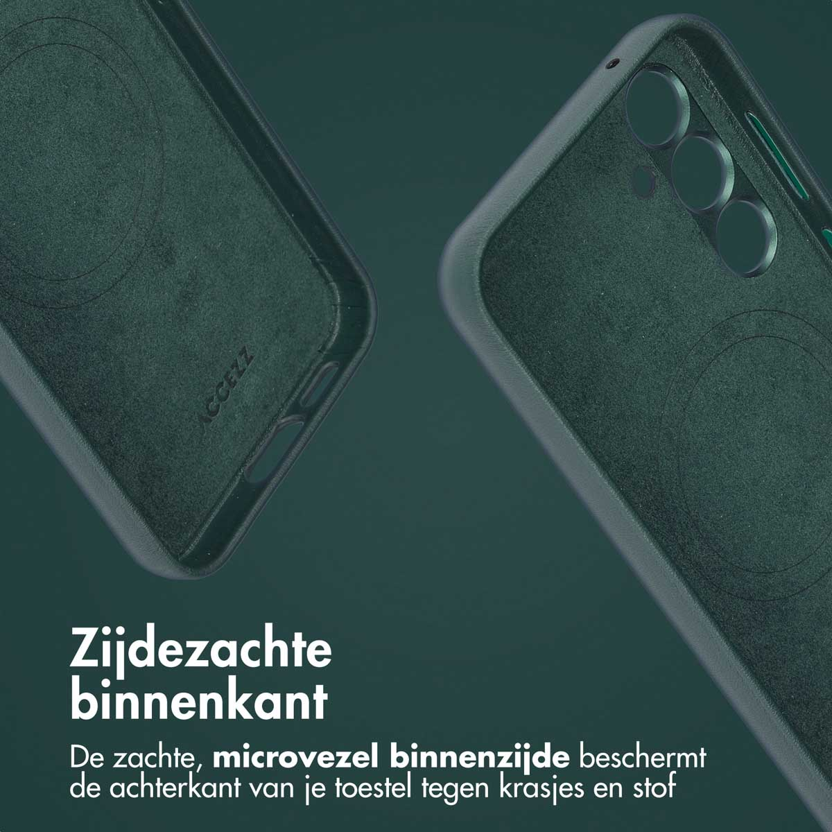 Close-up van de binnenkant van een donkergroene telefoonhoes. Het heeft een zacht, microvezel interieur.
