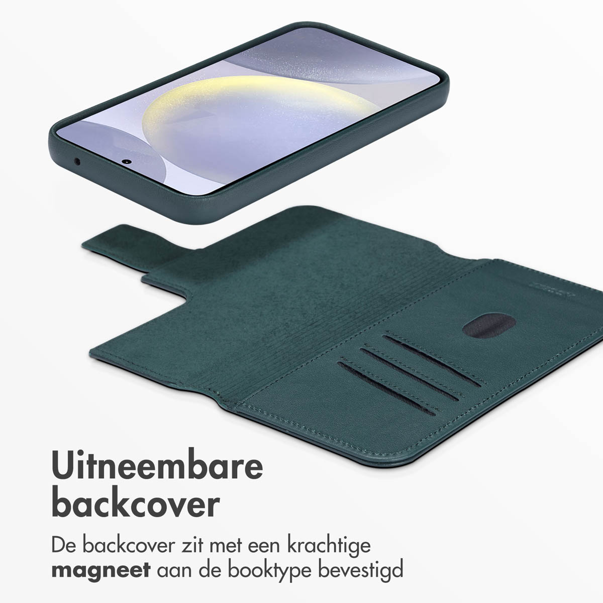 Groen telefoonhoesje met afneembare achterkant en een telefoon, met tekst over de functie.