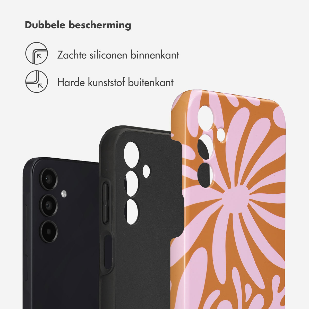 Drie telefoonhoesjes, één zwart, één met bloemen, één in de ander. Tekst: 'Dubbele bescherming'.