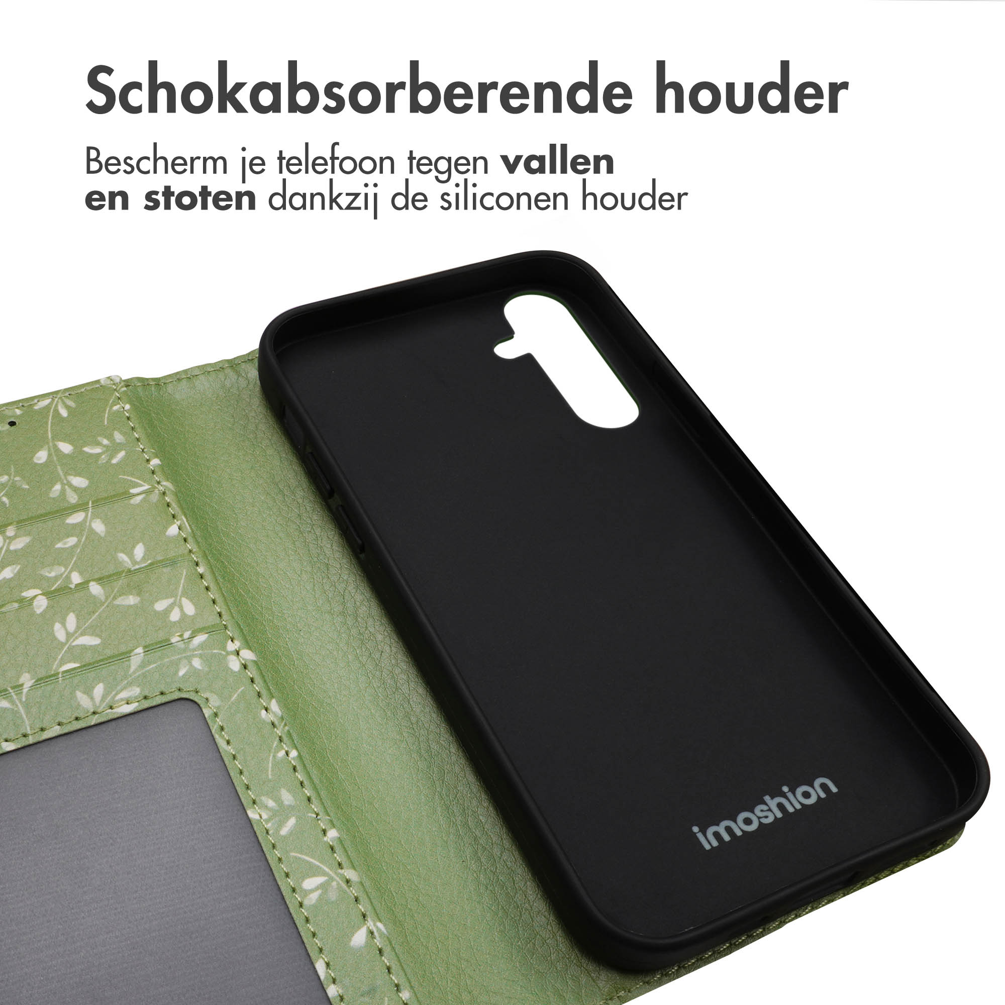 Groene telefoonhoes met een telefoon erin. De hoes is open en toont een zwarte houder.
