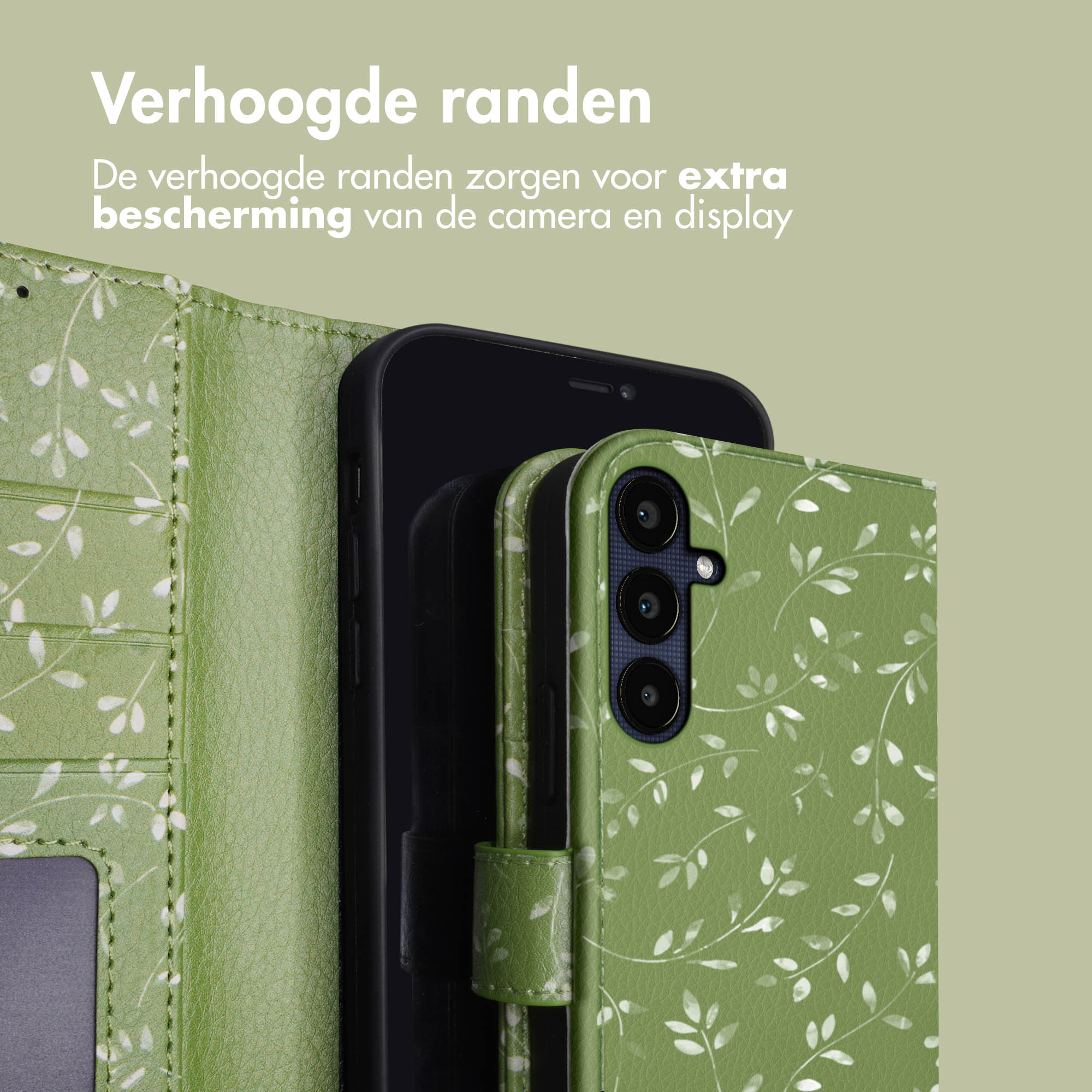 Telefoonhoesje met een groene hoes en een telefoon erin. Bladerpatroon op de hoes.