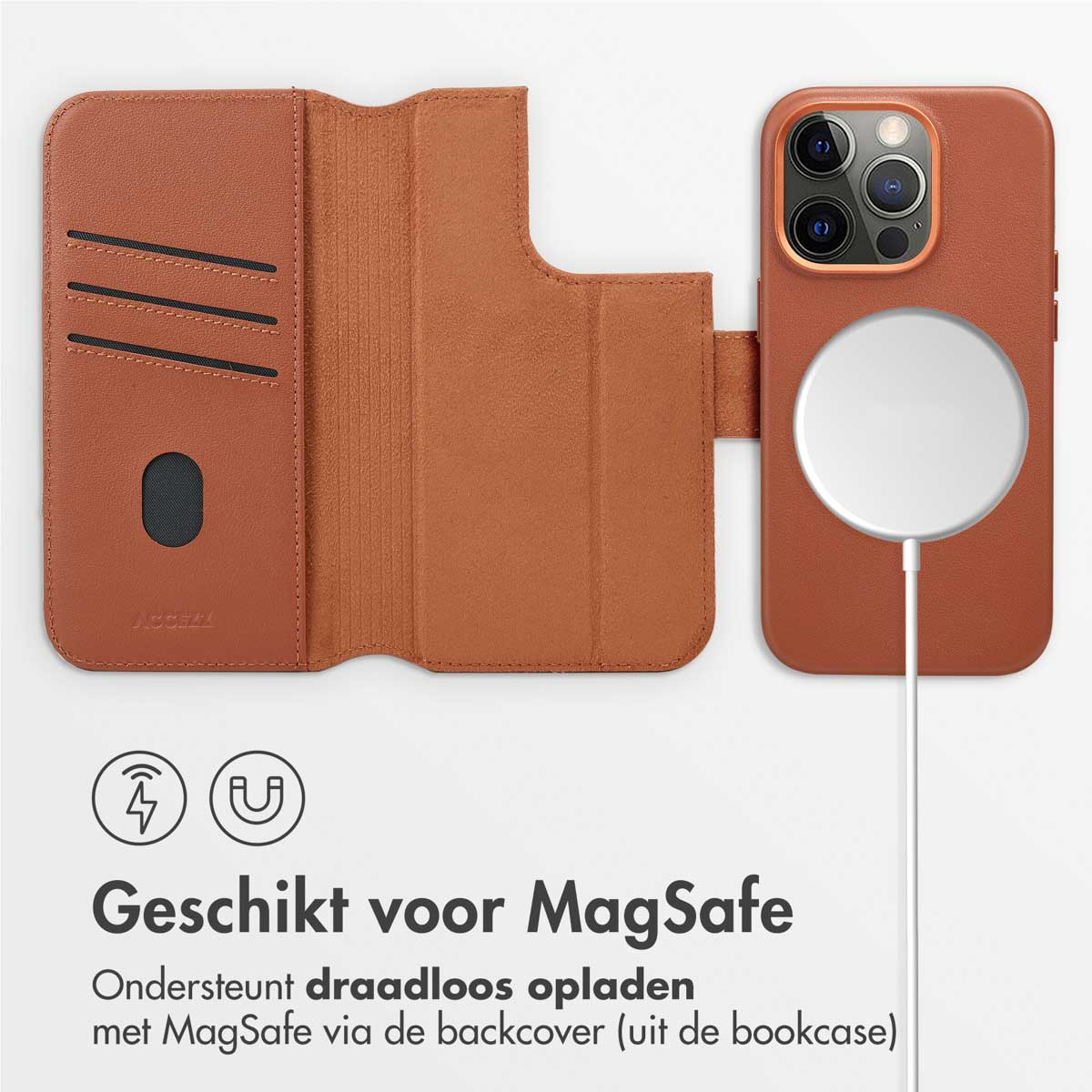 Custodia marrone con porta carte. Testo: 'Adatto per MagSafe'. Mostra la ricarica wireless e una cover posteriore.
