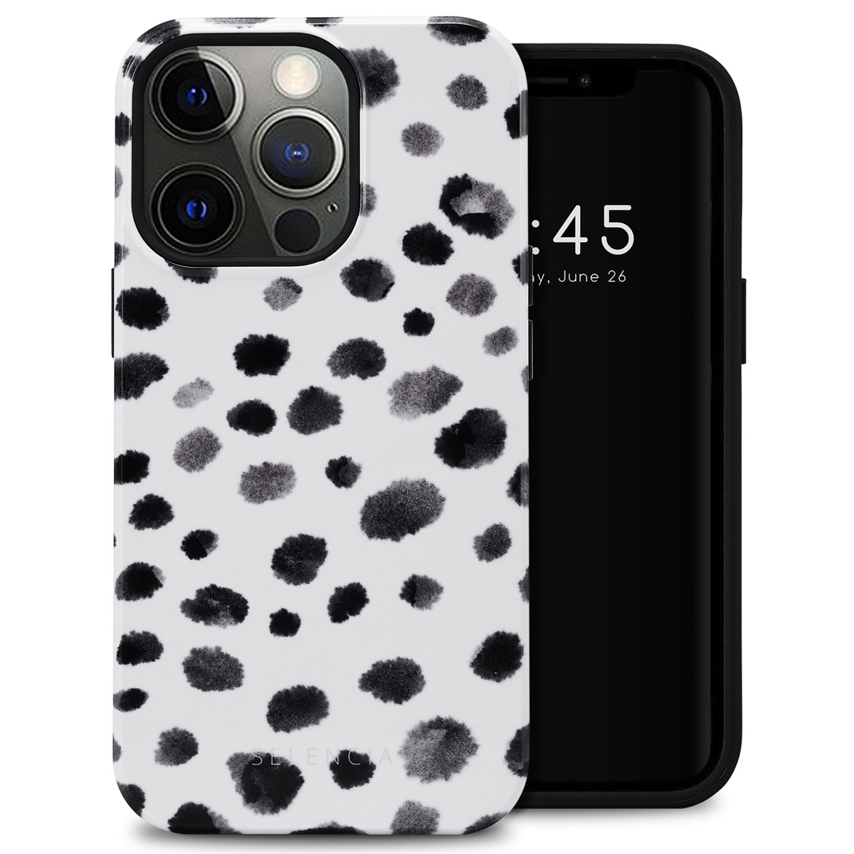 Witte telefoonhoes met zwarte stippen, bedekt een telefoon. De telefoon toont de tijd.