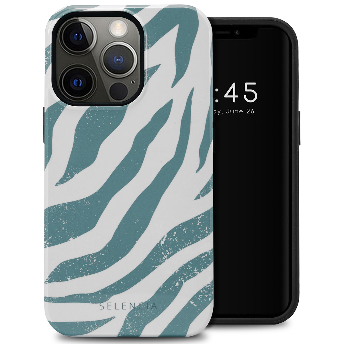 Telefoon met zebraprint hoesje, blauwgroen en wit. Zwart telefoonscherm. Witte achtergrond.