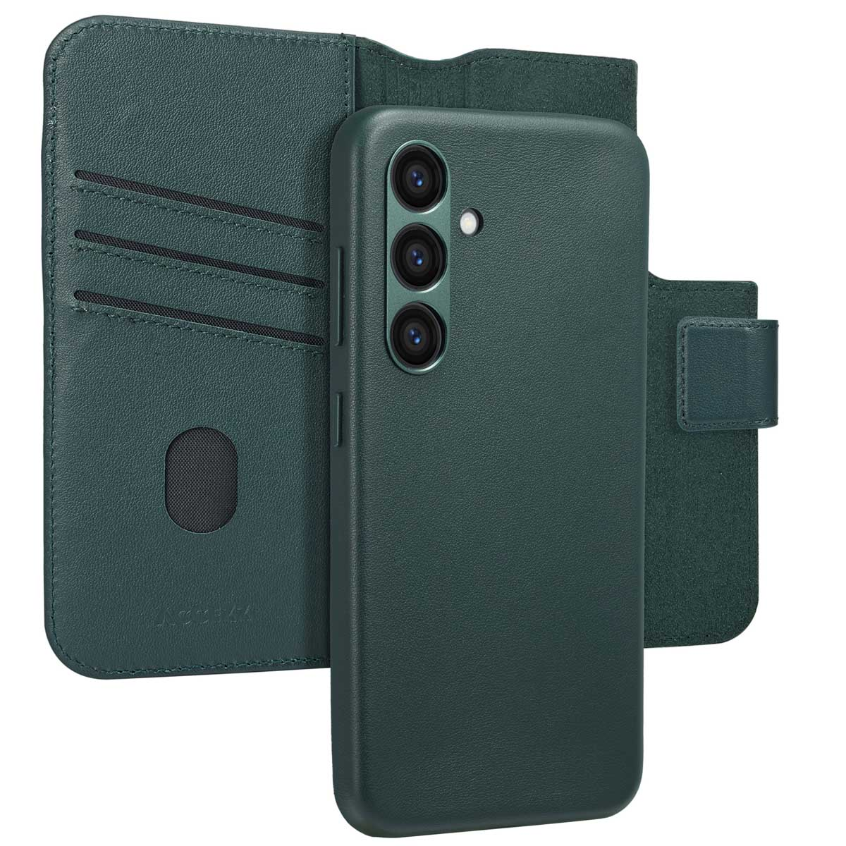 Groene telefoonhoes met kaartsleuven en een donkergroene telefoon geplaatst.