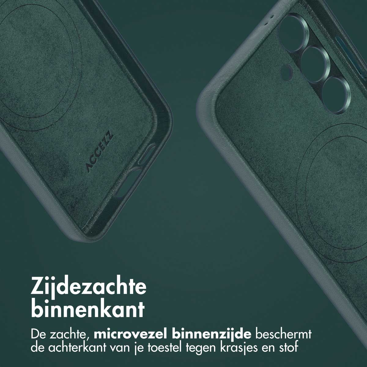 Groene telefoonhoes binnenkant, toont zachte microvezel voering.