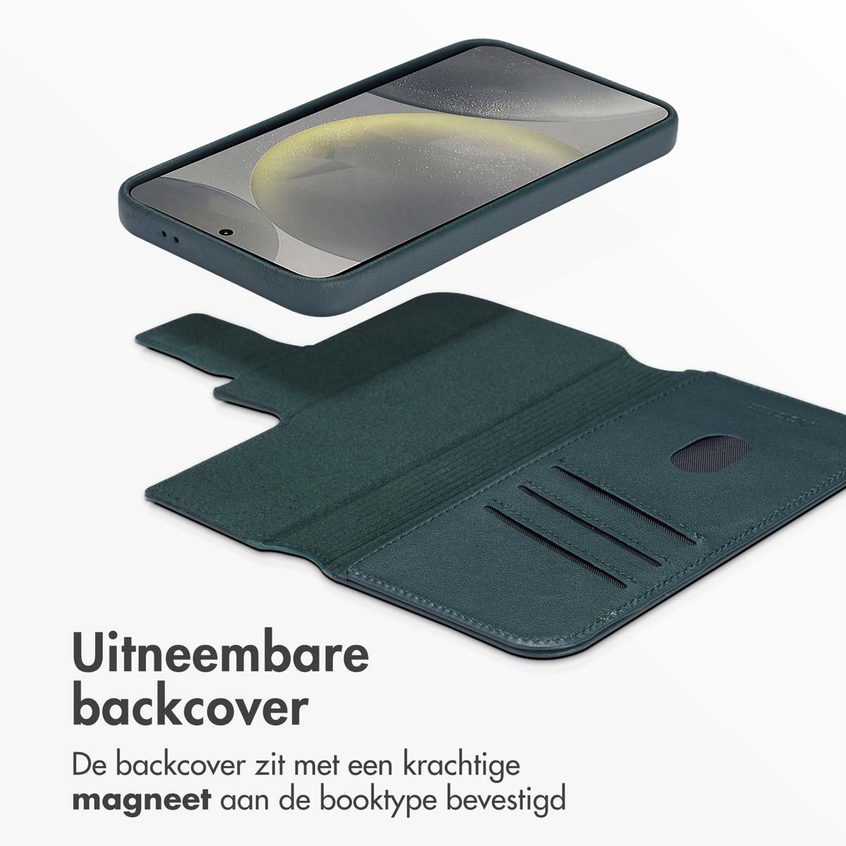 Groene telefoonhoes met een afneembare achterkant, die de binnenkant laat zien.