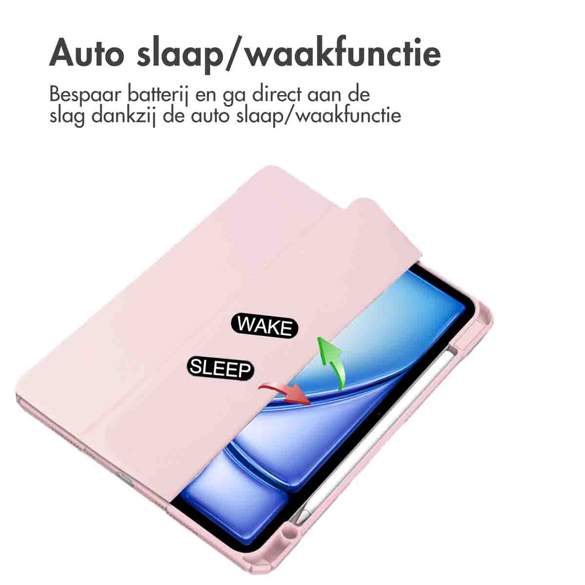 Pink tablet case open, showing a tablet with a stylus. 'Wake' and 'Sleep' are labeled.