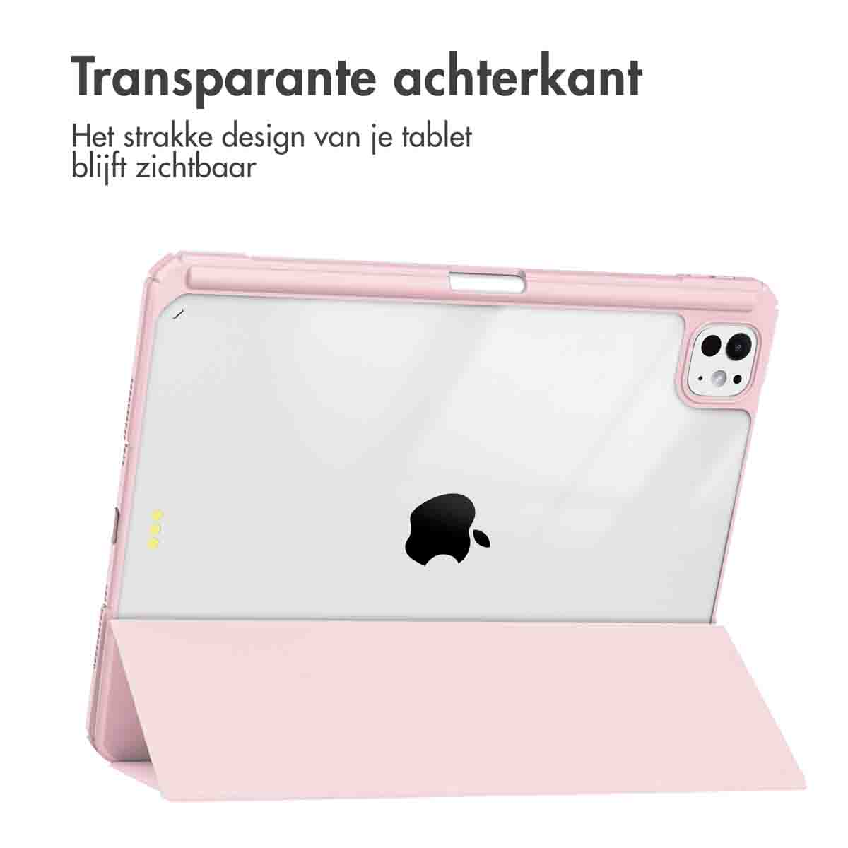 Tablet in a pink case with a transparent back, showing the Apple logo.
