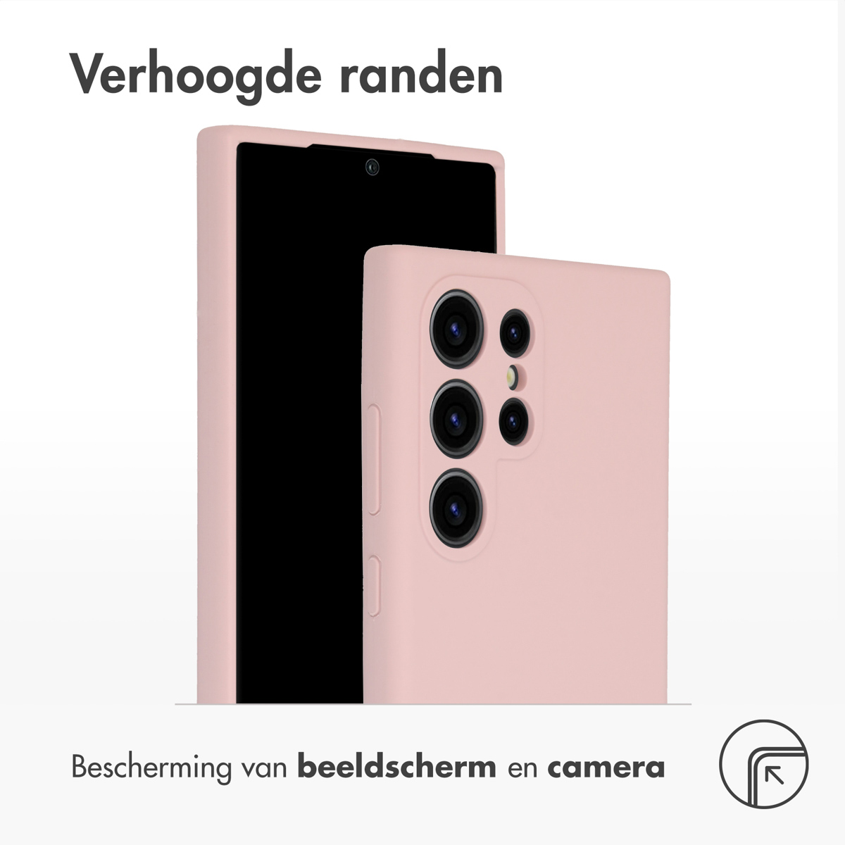 Roze telefoonhoes met een geplaatste telefoon, die de achterkant van de telefoon toont.