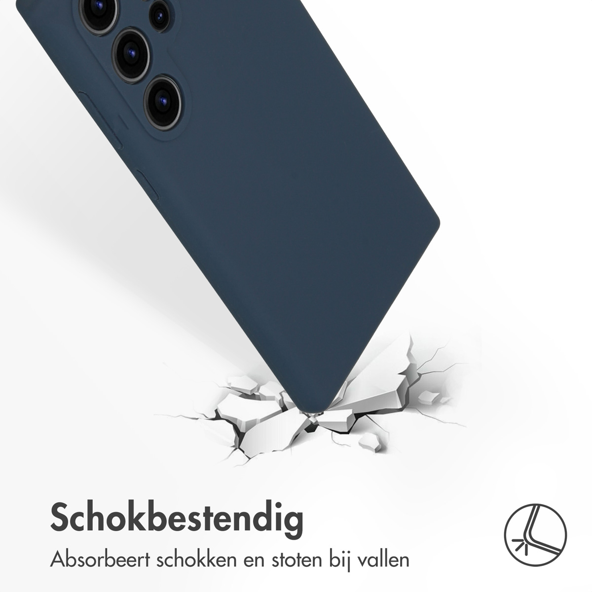 Een blauwe telefoonhoes valt en barst de grond. Tekst: 'Schokbestendig' en een illustratie die schokbestendigheid aangeeft.