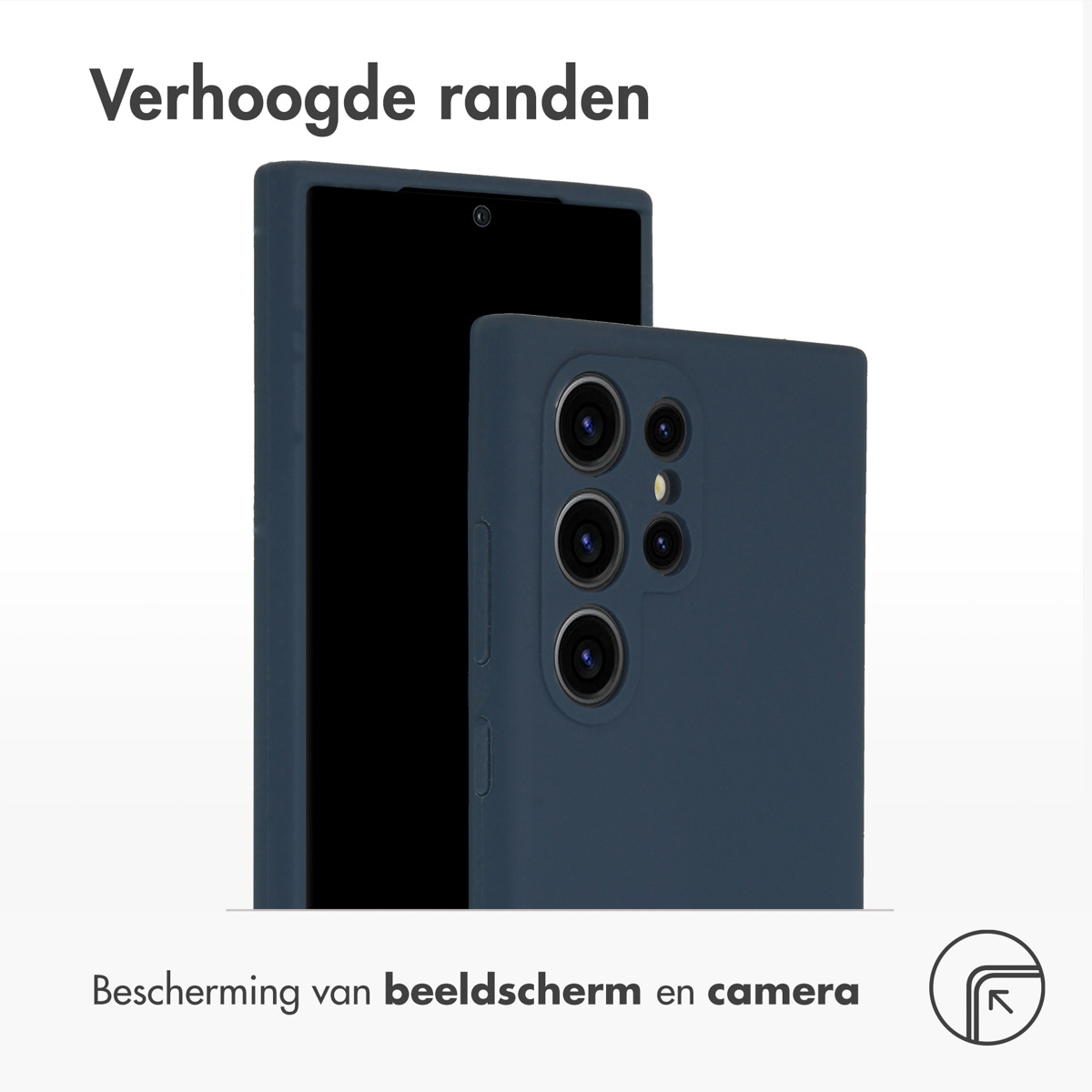 Telefoon in marineblauwe hoes. Tekst: Bescherming van scherm en camera. Telefoon is marineblauw.