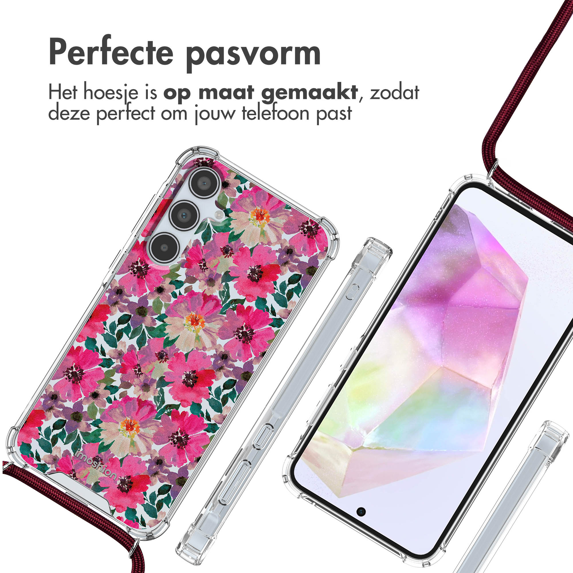 Téléphone avec des fleurs roses et violettes. L'image montre également une coque et un cordon.
