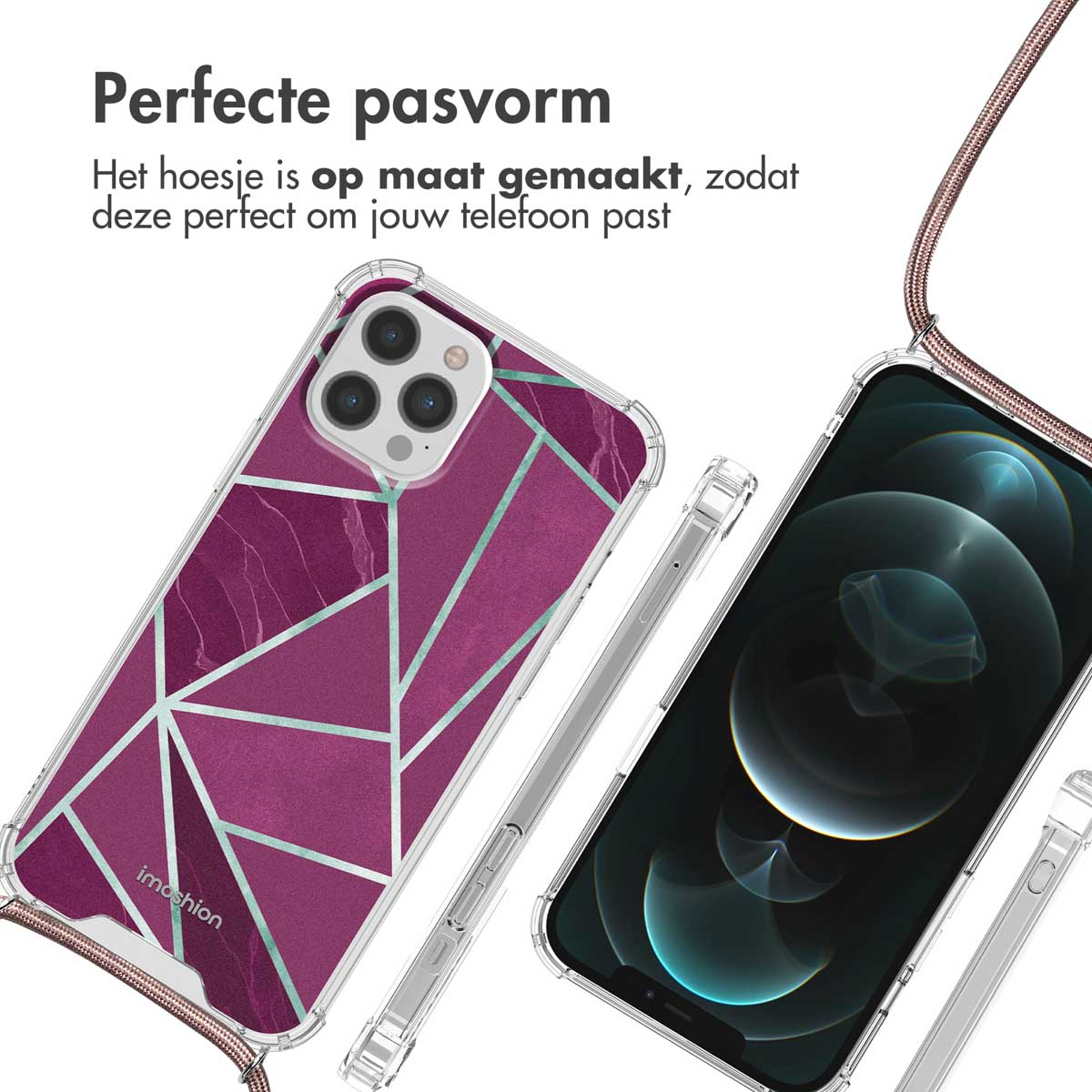 Telefoonhoesje met een paars geometrisch ontwerp, met de telefoon en de riem.
