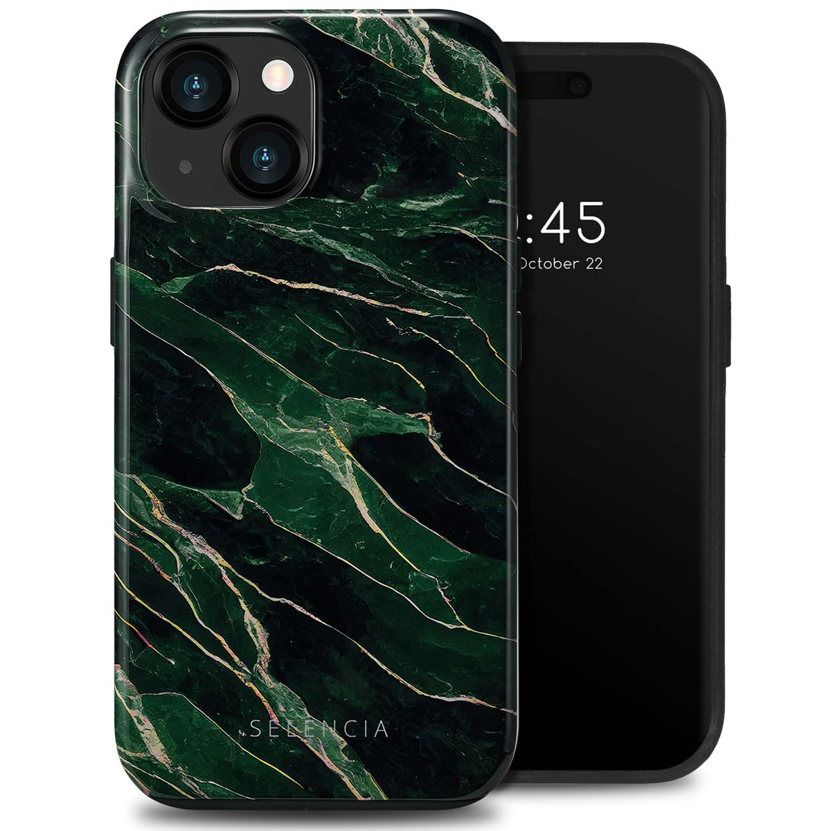 Coque de téléphone en marbre vert. Le téléphone noir affiche l'heure et la date. Logo Selencia en bas.
