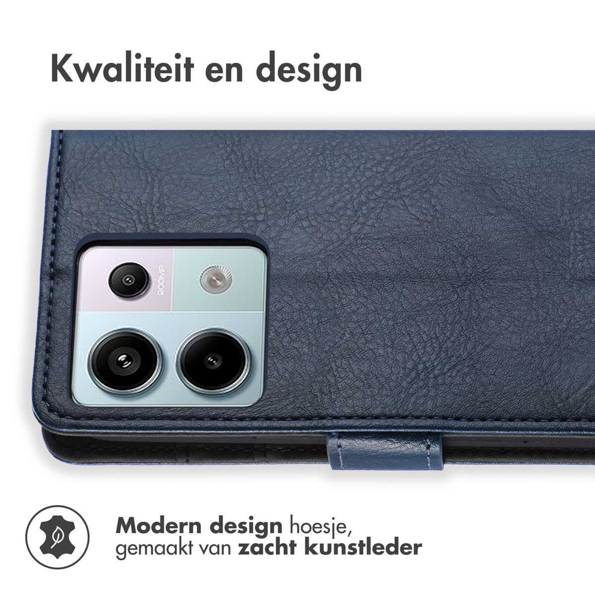 Blauwe telefoonhoes met telefoon erin. De hoes heeft een modern design en is gemaakt van zacht kunstleer.