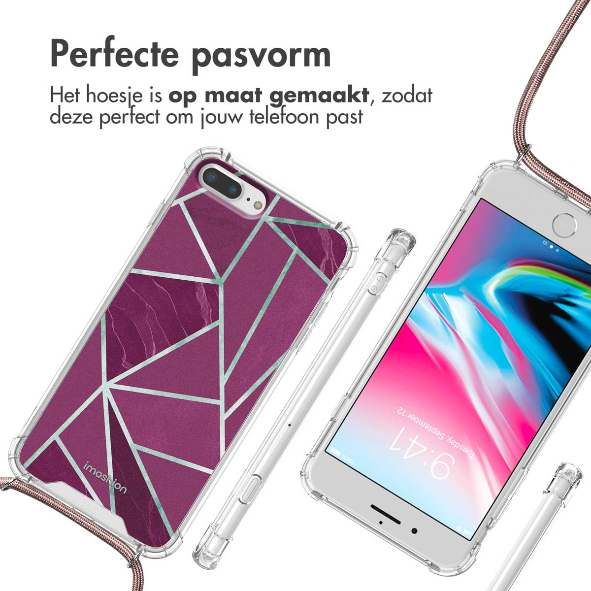 Deux coques de téléphone à motifs géométriques, une avec une lanière, toutes deux avec un cadre transparent.