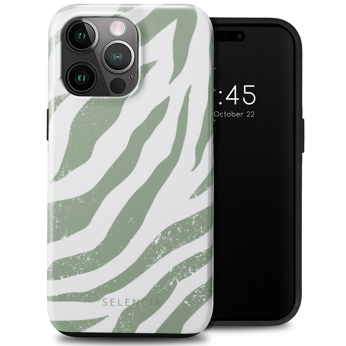 Telefoonhoesje met groen-witte zebra strepen. De telefoon is zwart met de tijd 1:45.