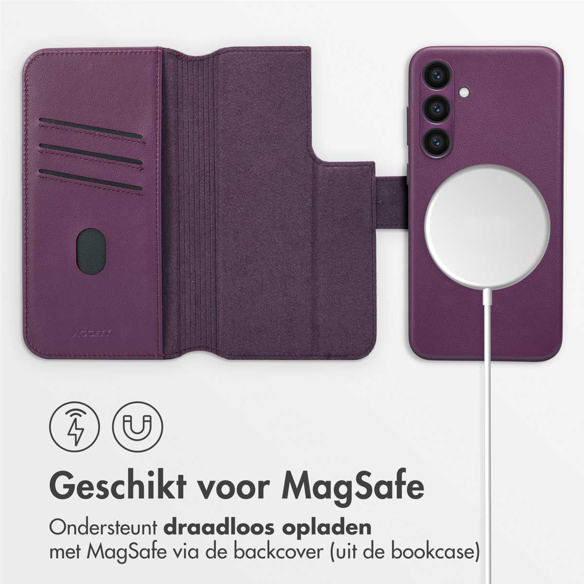Paarse telefoonhoes met kaartsleuven en MagSafe-lader. Tekst geeft draadloos opladen aan.