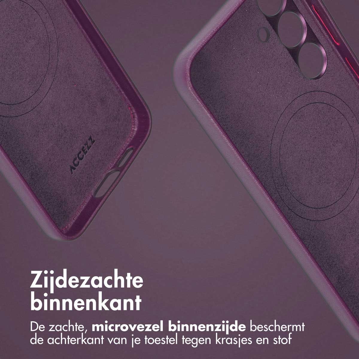 Twee donkere telefoonhoesjes. Eén is open, de binnenkant zichtbaar. De achtergrond is paars.
