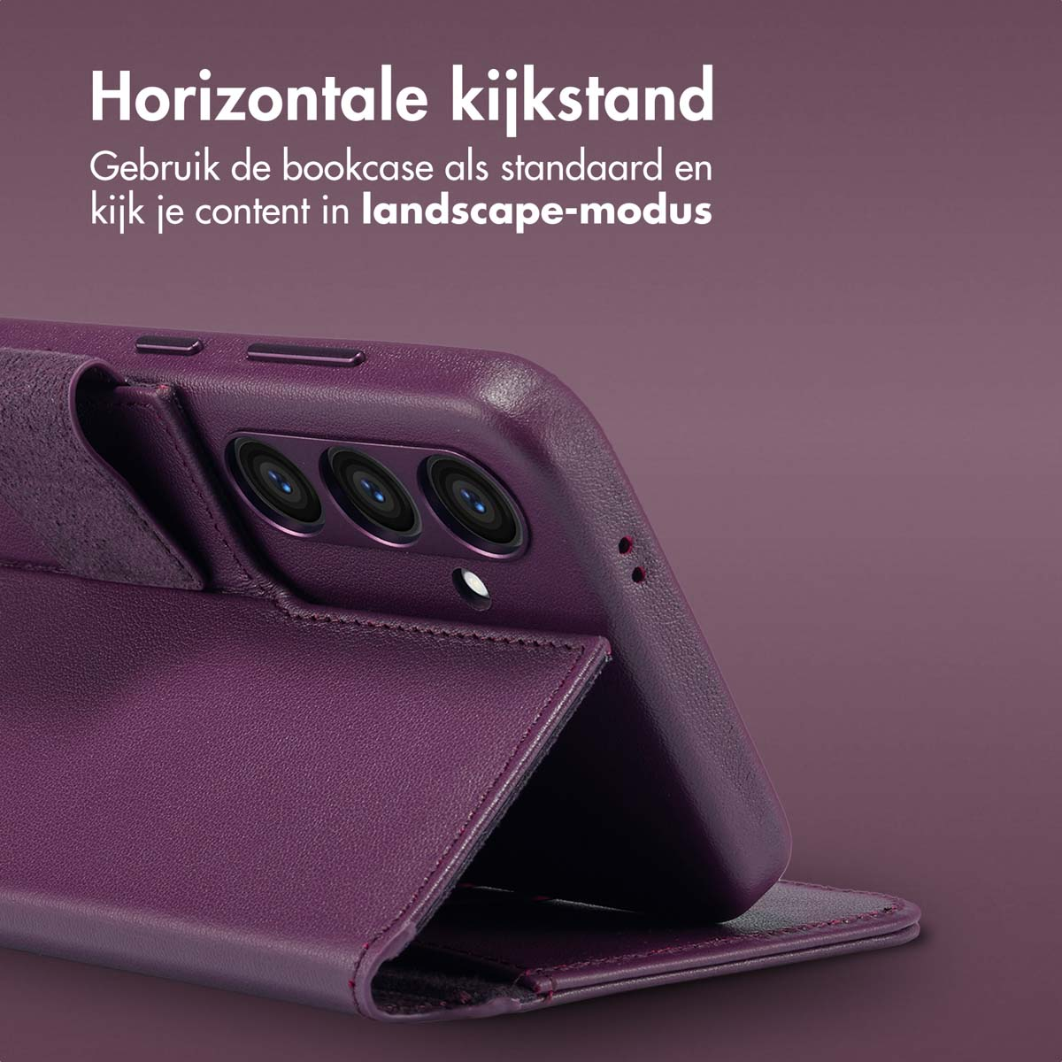 Paarse telefoonhoes geopend, de telefoon in landschapsmodus tonend.