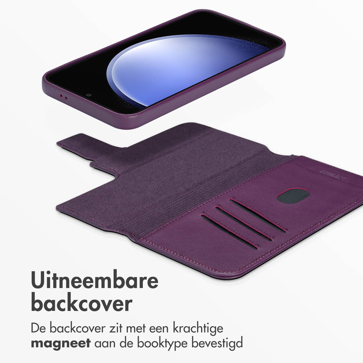 Paarse telefoon en hoesje. Hoesje opent om een telefoon te onthullen. Twee sleuven voor kaarten.