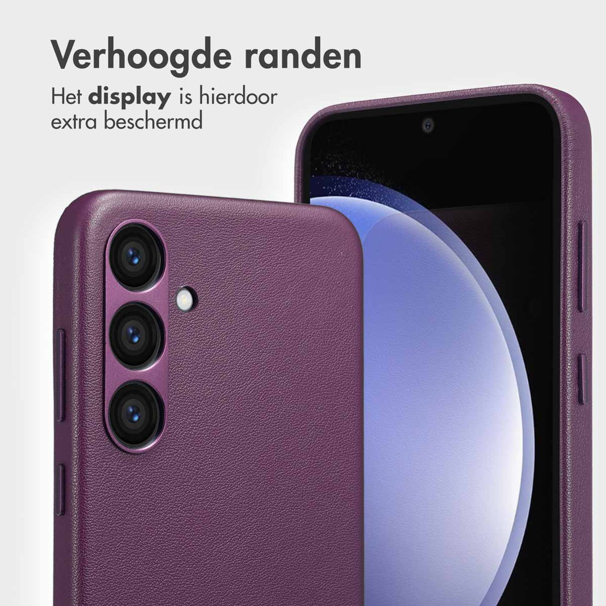 Paarse telefoonhoes met een telefoon erin. Het scherm van de telefoon is zichtbaar. De hoes heeft een matte afwerking.