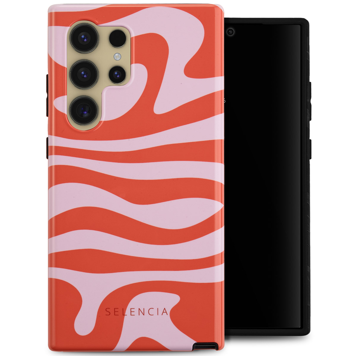 Rood en roze golvend telefoonhoesje met een zwarte telefoon erin. De hoes heeft de merknaam Selencia.
