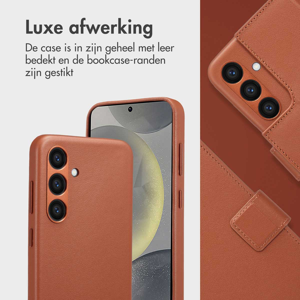 Coque de téléphone marron avec un téléphone inséré, avec les détails de la coque.