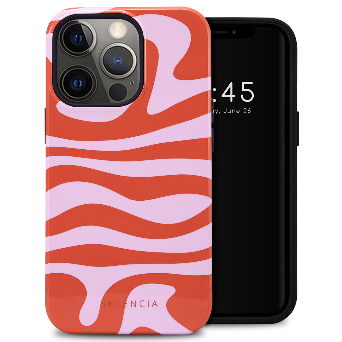 Coque de téléphone avec motif tourbillon rouge et rose, couvrant un téléphone. L'écran affiche l'heure.