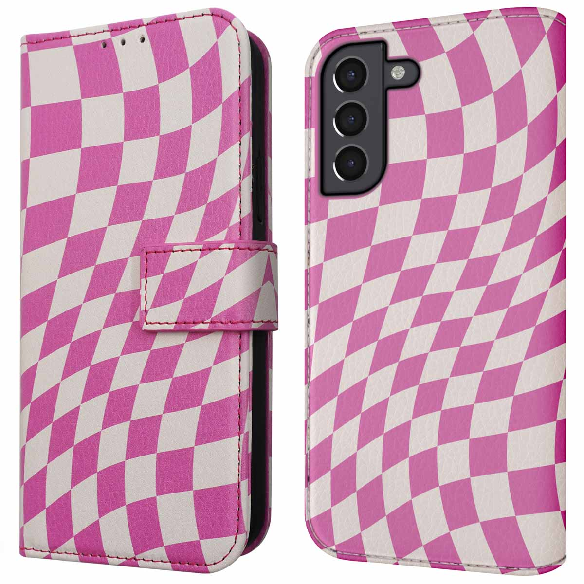 Roze en witte geruite telefoonhoes, open en dicht, met een magnetische sluiting.